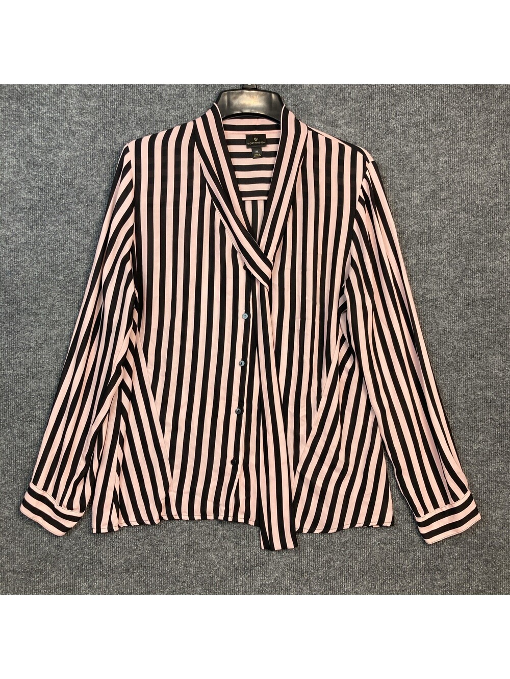 Worthington Womens XL Black & Pink Striped Button L/S 100% Polyester Blouse EUC